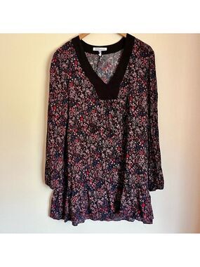 BCBG Generation Floral Babydoll Tunic Dress Top Black Pink Boho Long Sleeve sz L